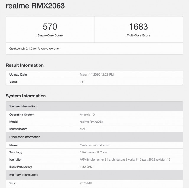 Liste des Realme RMX2063 Geekbench