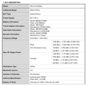 Captures d'écran de la liste et des paramètres du Samsung Galaxy A31 FCC