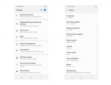 Capture d'écran de la liste et du menu des paramètres du Samsung Galaxy A31 FCC