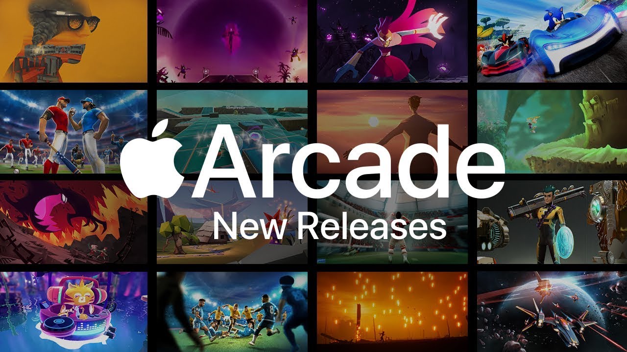 Une bannière avec un collage de captures d'écran du jeu et un slogan "Apple Arcade Nouveautés" au centre