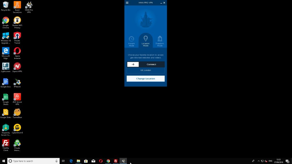 Capture d'écran de HideMyAss exécuté sur Windows 10.