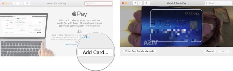 Configuration d'Apple Pay sur le Mac montrant les étapes pour Cliquez sur Ajouter une carte, puis utilisez la caméra iSight ou entrez le numéro de carte manuellement