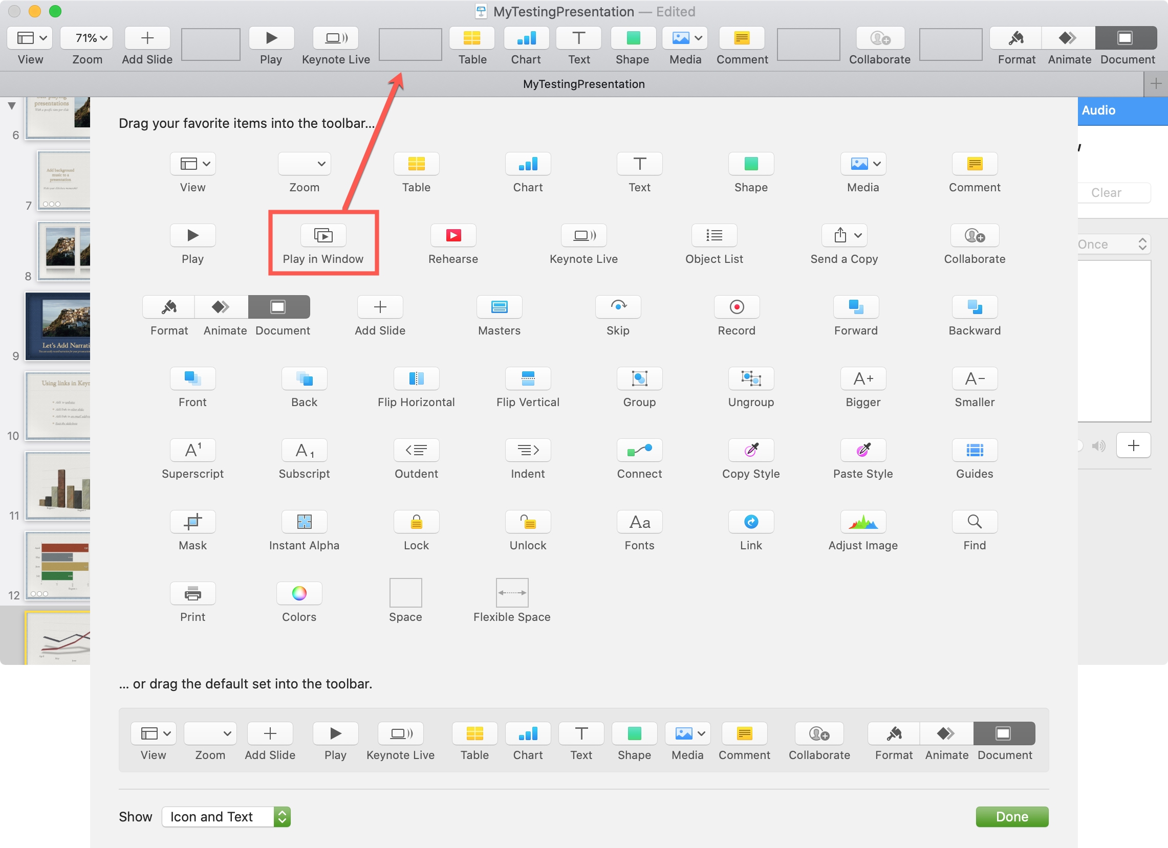 Keynote Mac Ajouter le bouton Lecture dans la fenêtre à la barre d'outils