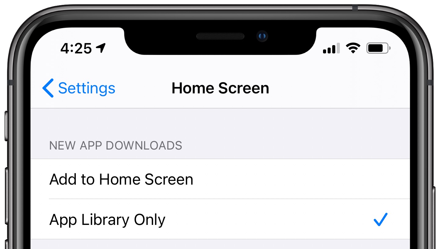 Téléchargements d'applications iPhone - Paramètres de l'écran d'accueil de la bibliothèque d'applications avec l'option Bibliothèque d'applications uniquement sélectionnée