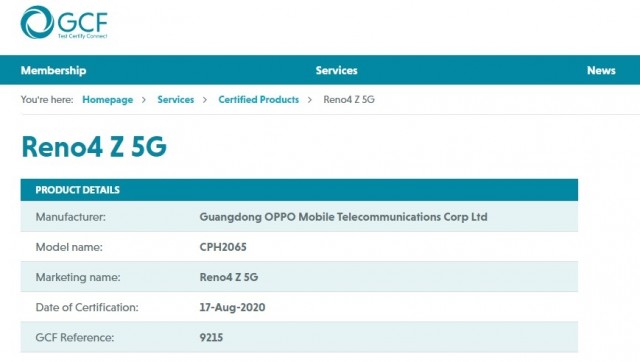 Certification Oppo Reno4 Z 5G
