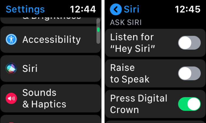 Paramètres Siri sur Apple Watch