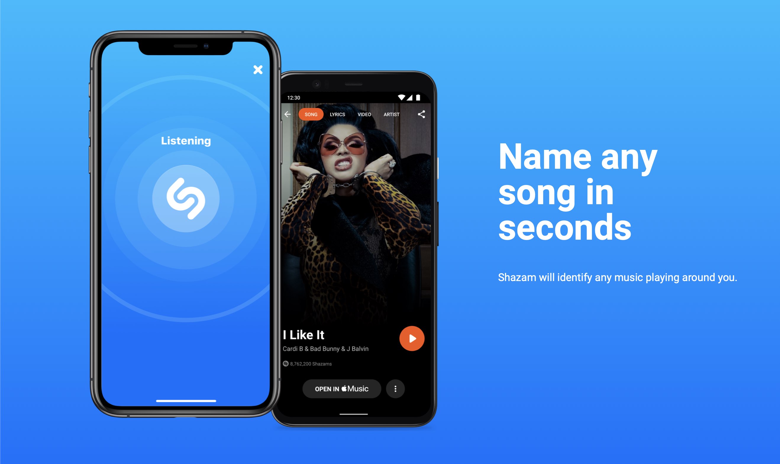 Un teaser présentant Shazam pour iPhone et Android, sur un fond dégradé bleu clair