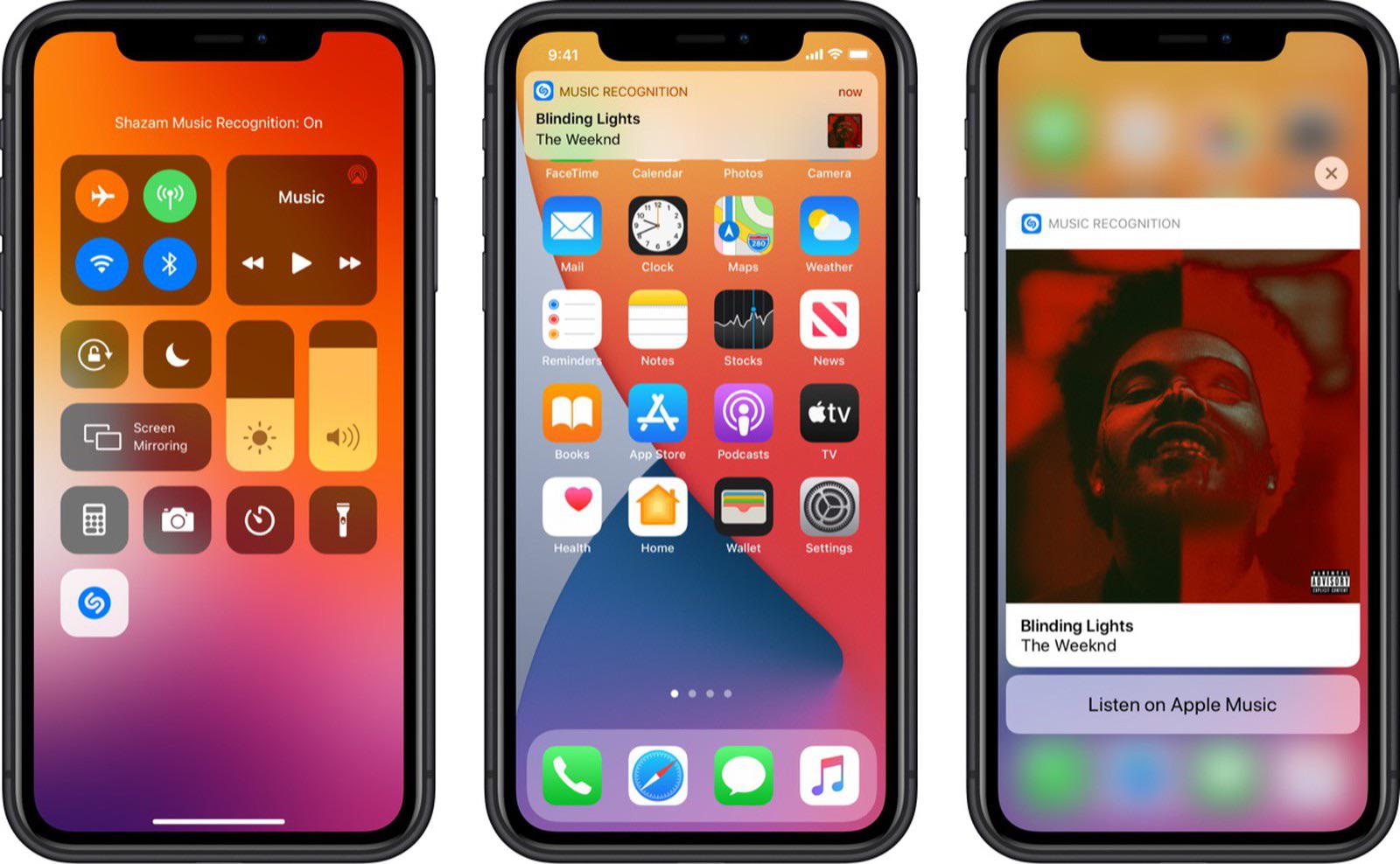 Trois captures d'écran d'iPhone montrant l'intégration de Shazam d'Apple avec le centre de contrôle de l'iPhone