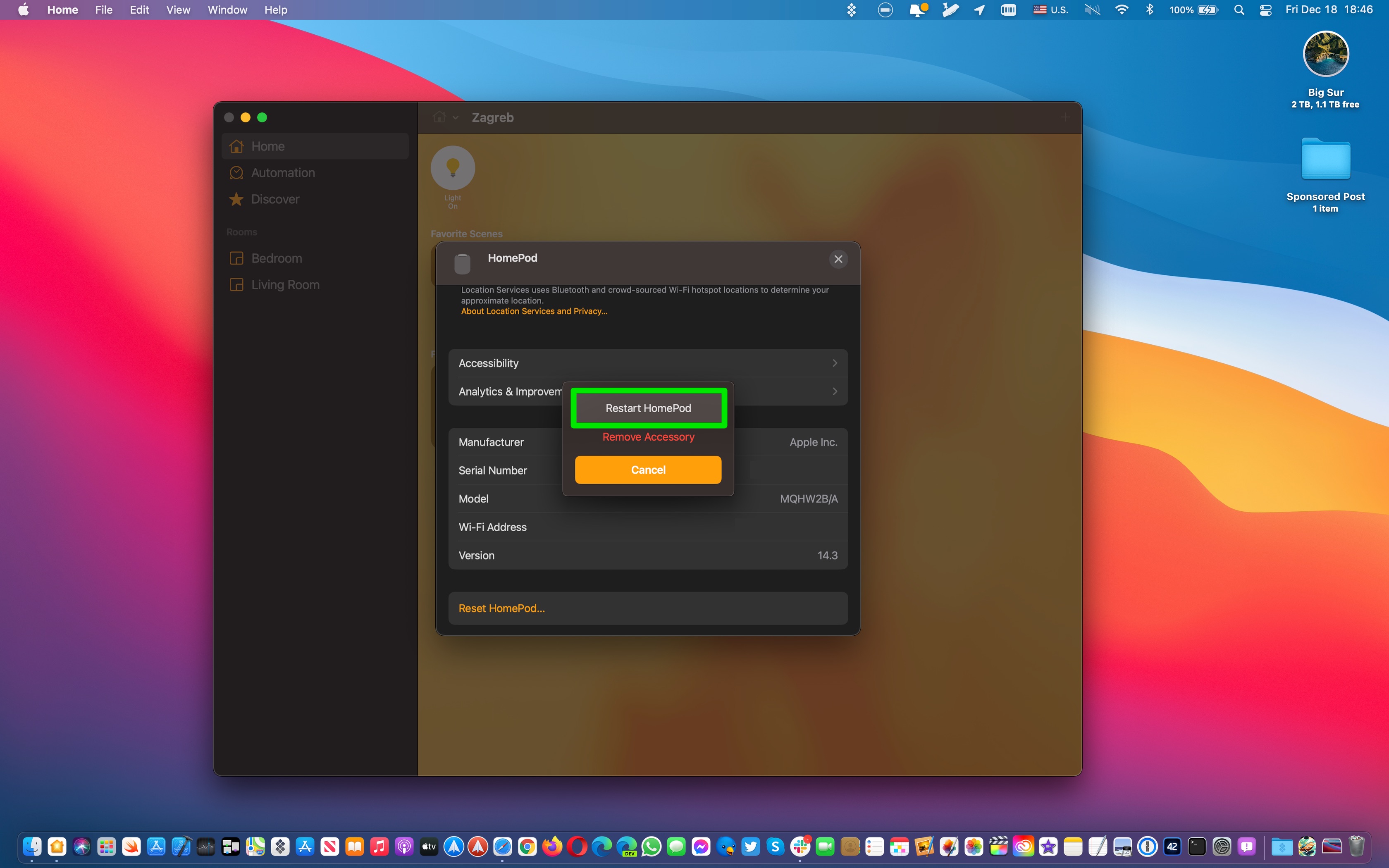 Redémarrez HomePod - une capture d'écran montrant le processus dans l'application Home sur le Mac