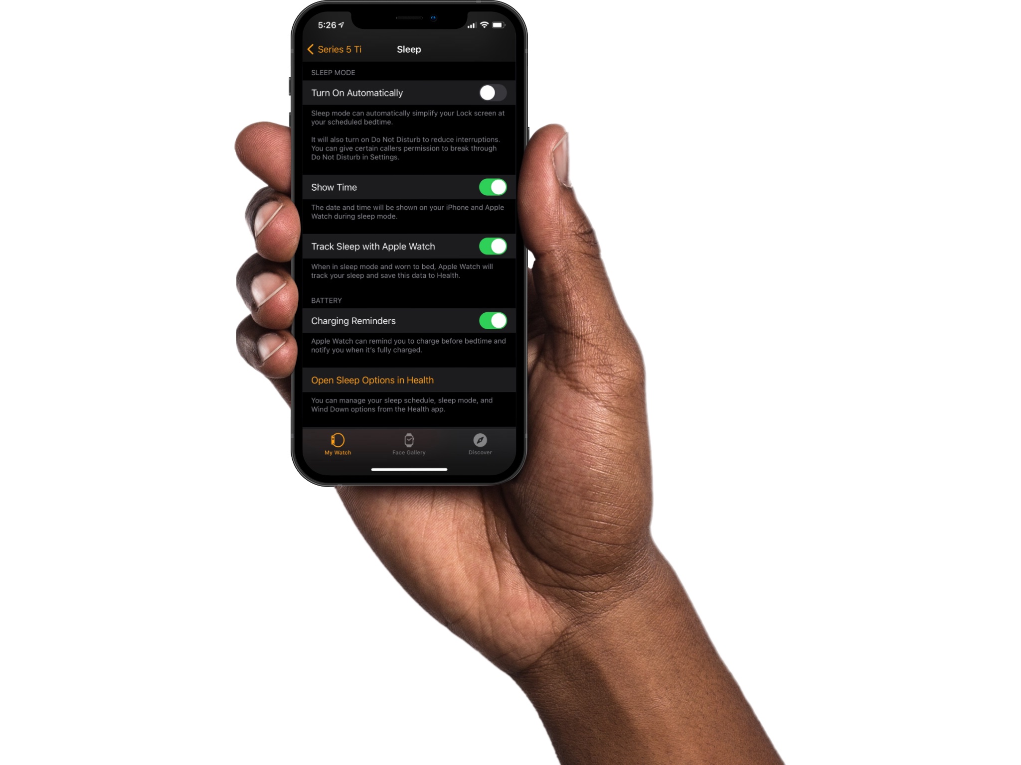 Une illustration montrant une main masculine tenant un iPhone 12, avec la section Sommeil de l'application Watch compagnon affichée à l'écran