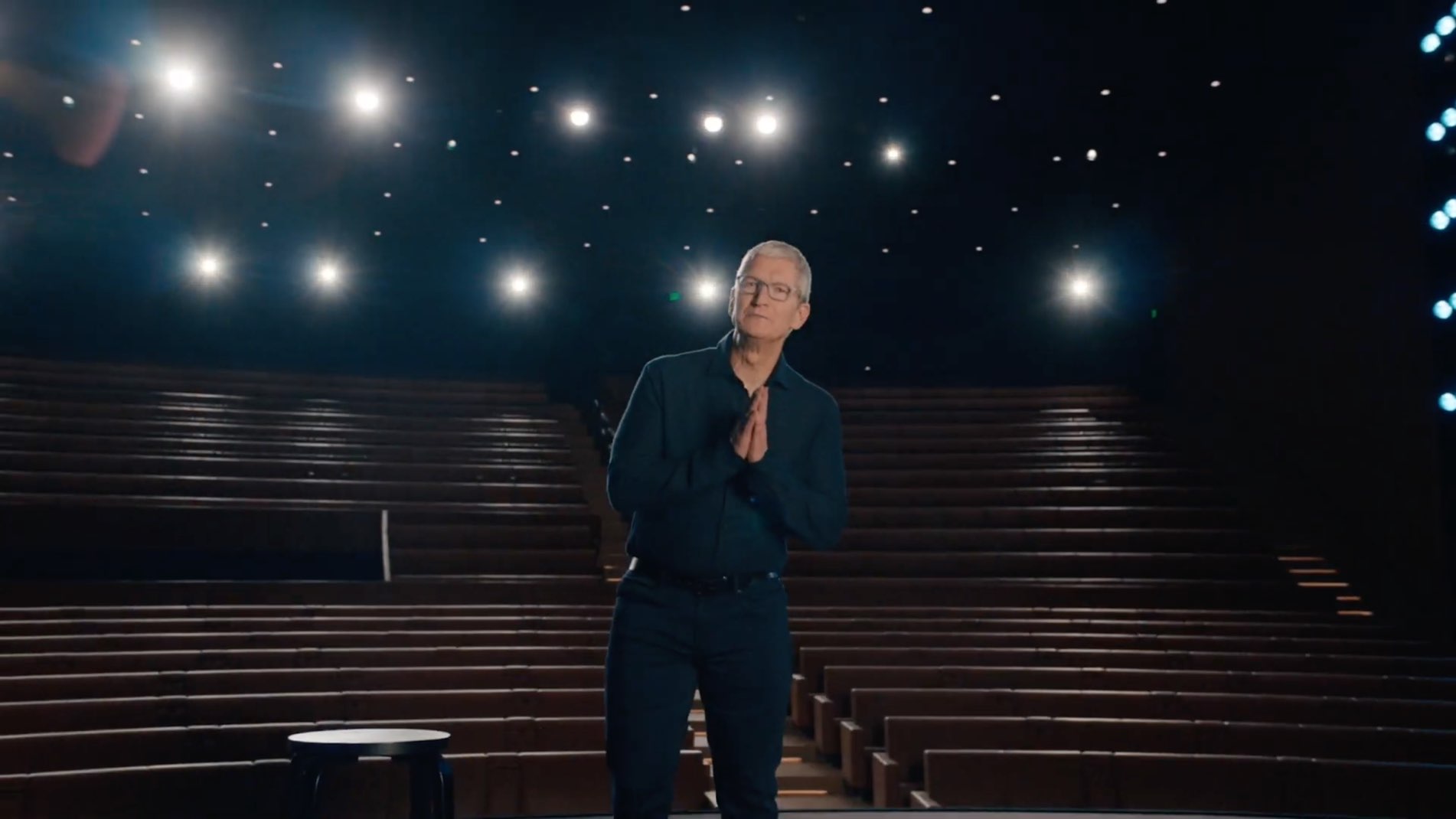 A still from an Apple event video featuring Tim Cook opening