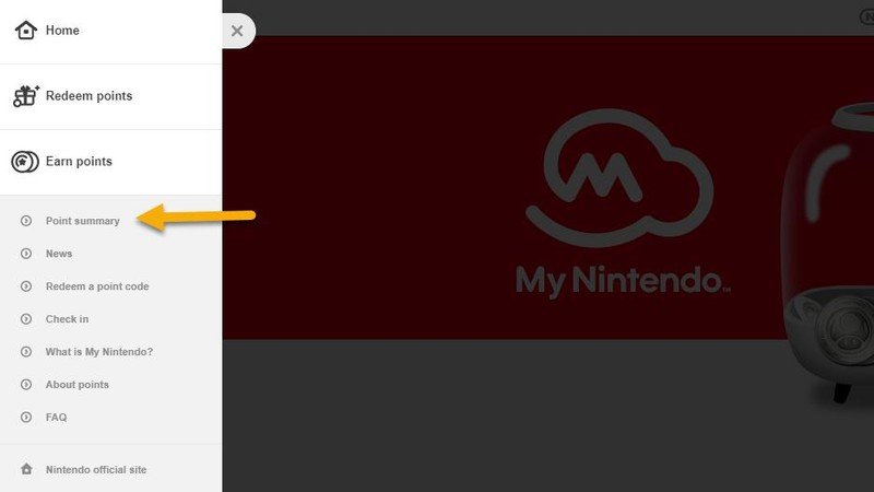 Résumé des points du menu du site Web My Nintendo