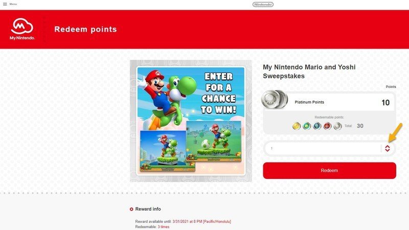 Site Web Mon Nintendo Échange de points Quantité Article sélectionné