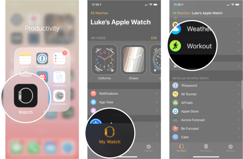 Ajouter une liste de lecture d'entraînement sur Apple Watch: lancez l'application Paramètres depuis l'écran Hoe de votre iPhone, touchez ma montre, puis touchez entraînement. 
