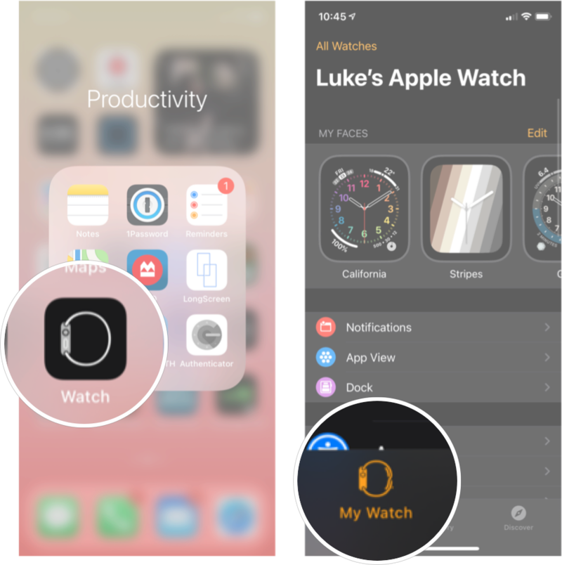 Ajouter automatiquement de la musique à Apple Watch: lancez l'application Watch depuis l'écran d'accueil de votre iPhone, puis appuyez sur l'onglet Ma montre. 