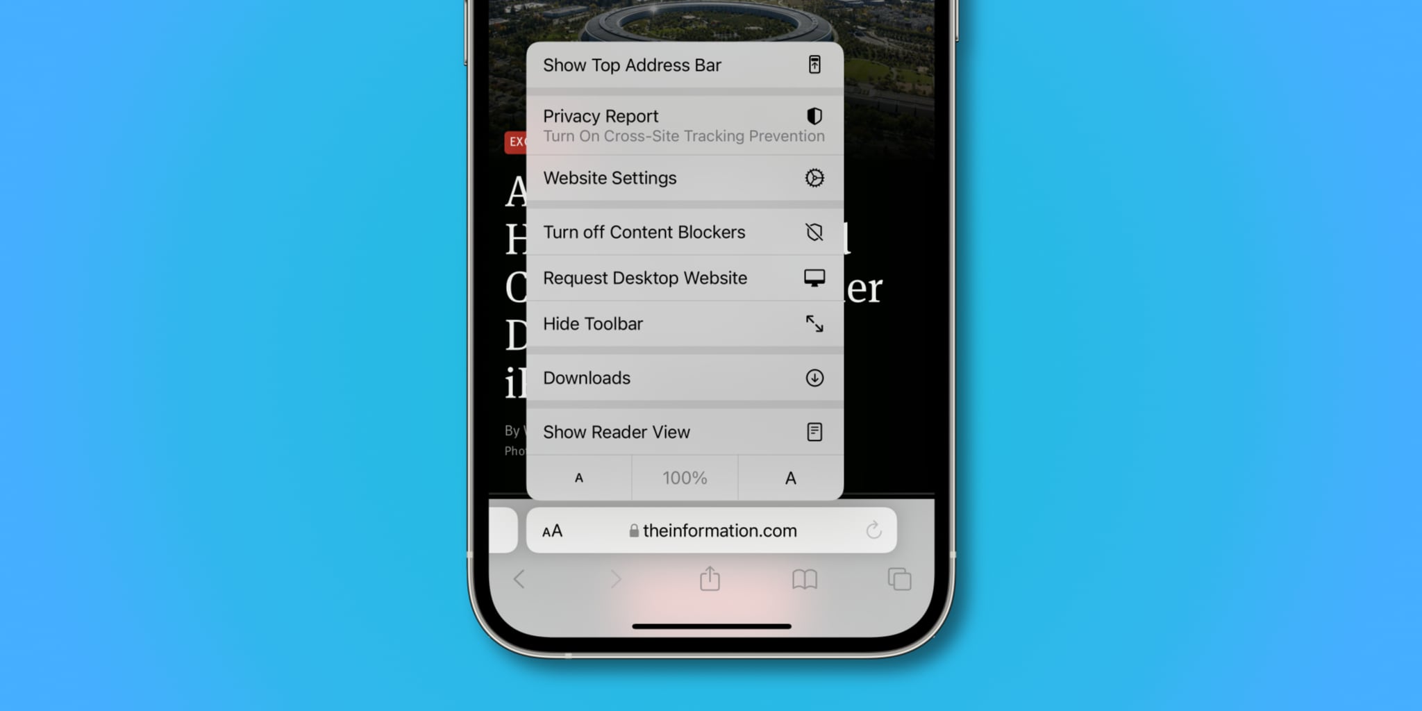 Capture d'écran de l'iPhone illustrant la barre d'adresse inférieure avec les options de menu « aA » dans Safari sur iOS 15