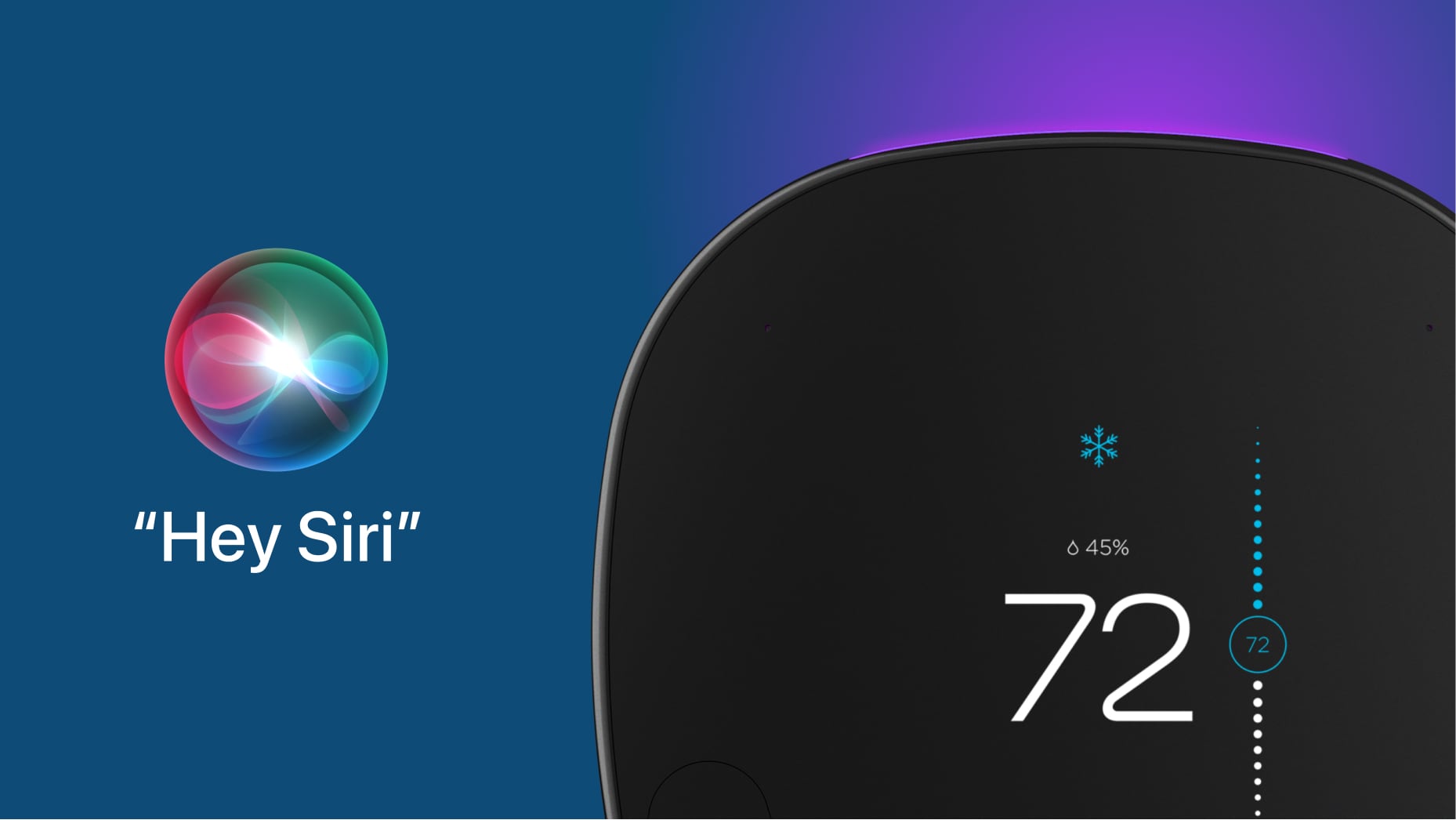 Une image marketing d'Ecobee montrant son thermostat intelligent et l'orbe Hey Siri sur un dégradé bleu/rose