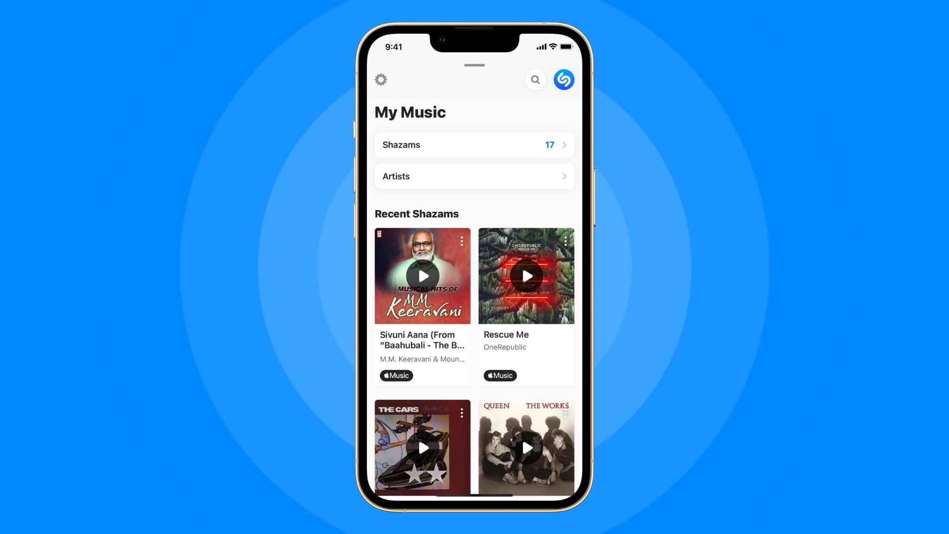 Historique des chansons Shazamed sur iPhone sur fond bleu