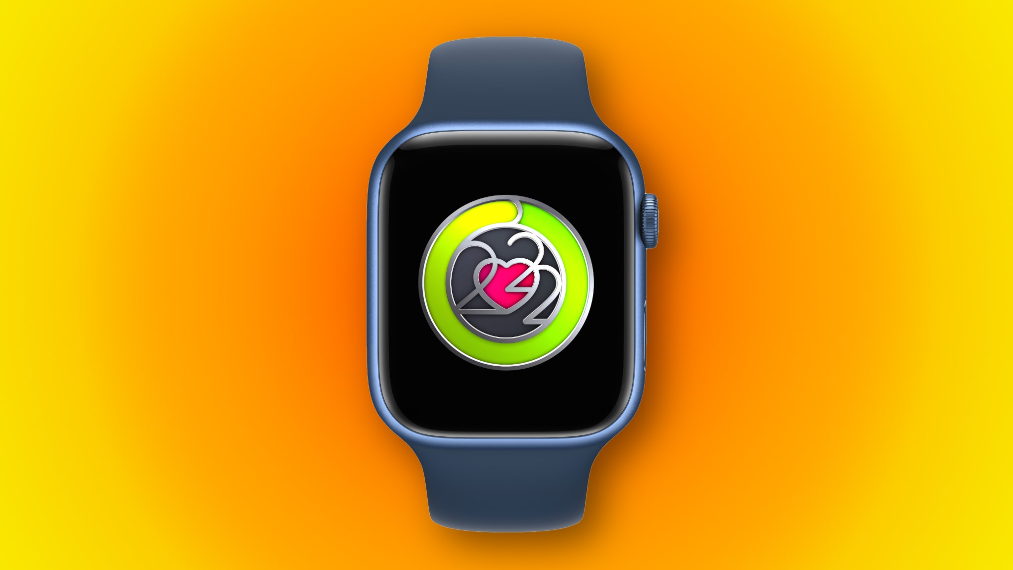 Image marketing d'Apple montrant une médaille pour la réussite du défi Apple Watch Activity pour le mois du cœur en février