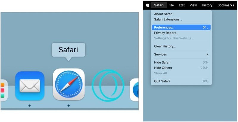 Pour désactiver ou supprimer les extensions Safari, ouvrez Safari, puis choisissez Safari dans la barre de menus Safari.  Sélectionnez Préférences dans le menu déroulant.