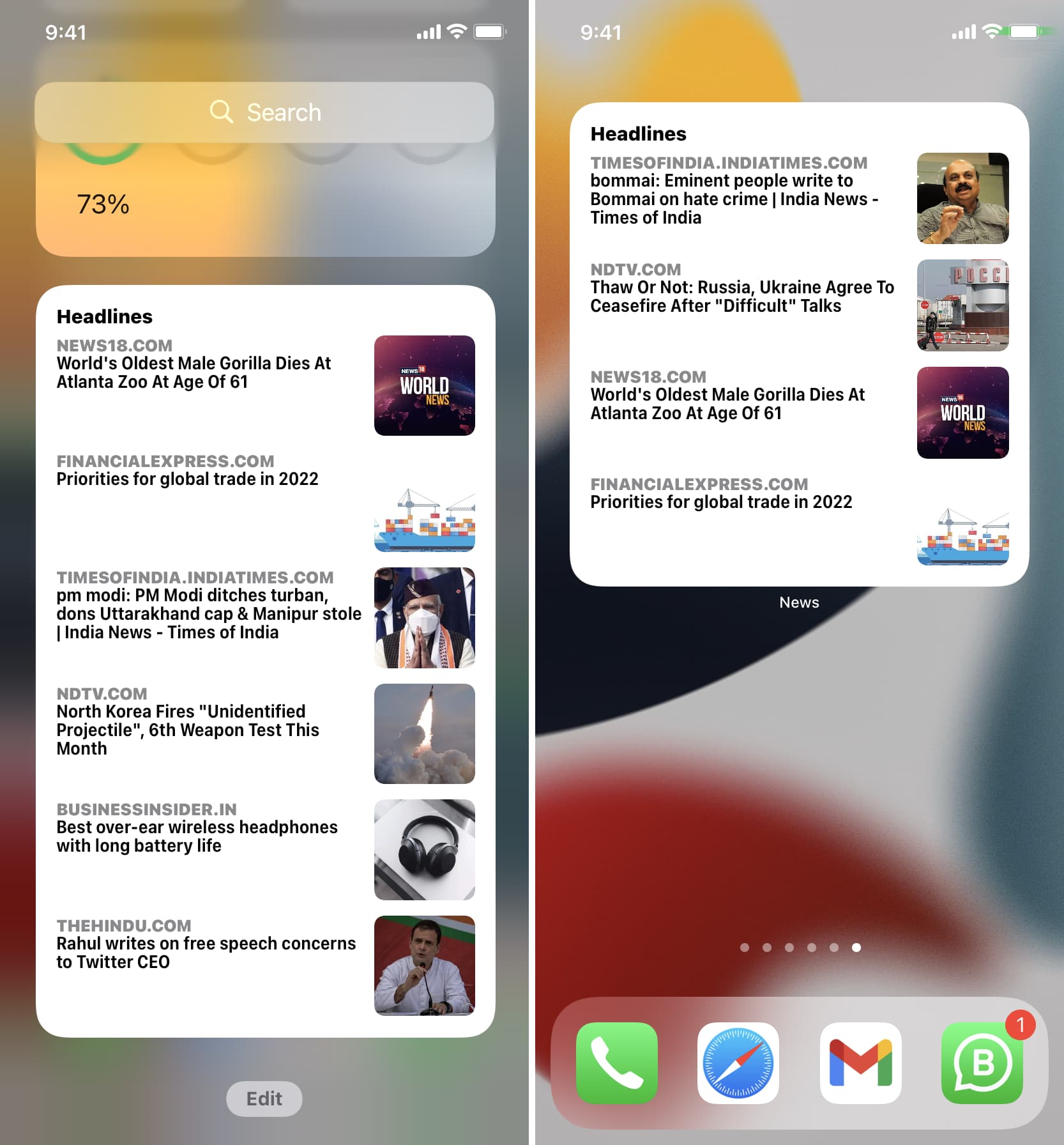 Widget Apple News sur l'écran d'accueil de l'iPhone et la vue Aujourd'hui