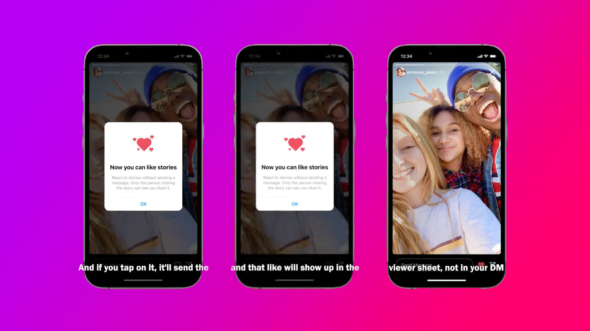 Trois captures d'écran d'appareils montrant les likes d'Instagram sur iPhone, sur un fond dégradé coloré