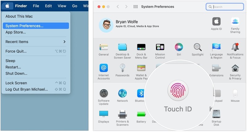 Pour supprimer et rajouter vos empreintes digitales Touch ID sur Mac, cliquez sur le menu Pomme en haut à gauche, puis sélectionnez Préférences Système dans le menu déroulant.  Sélectionnez ID tactile. 
