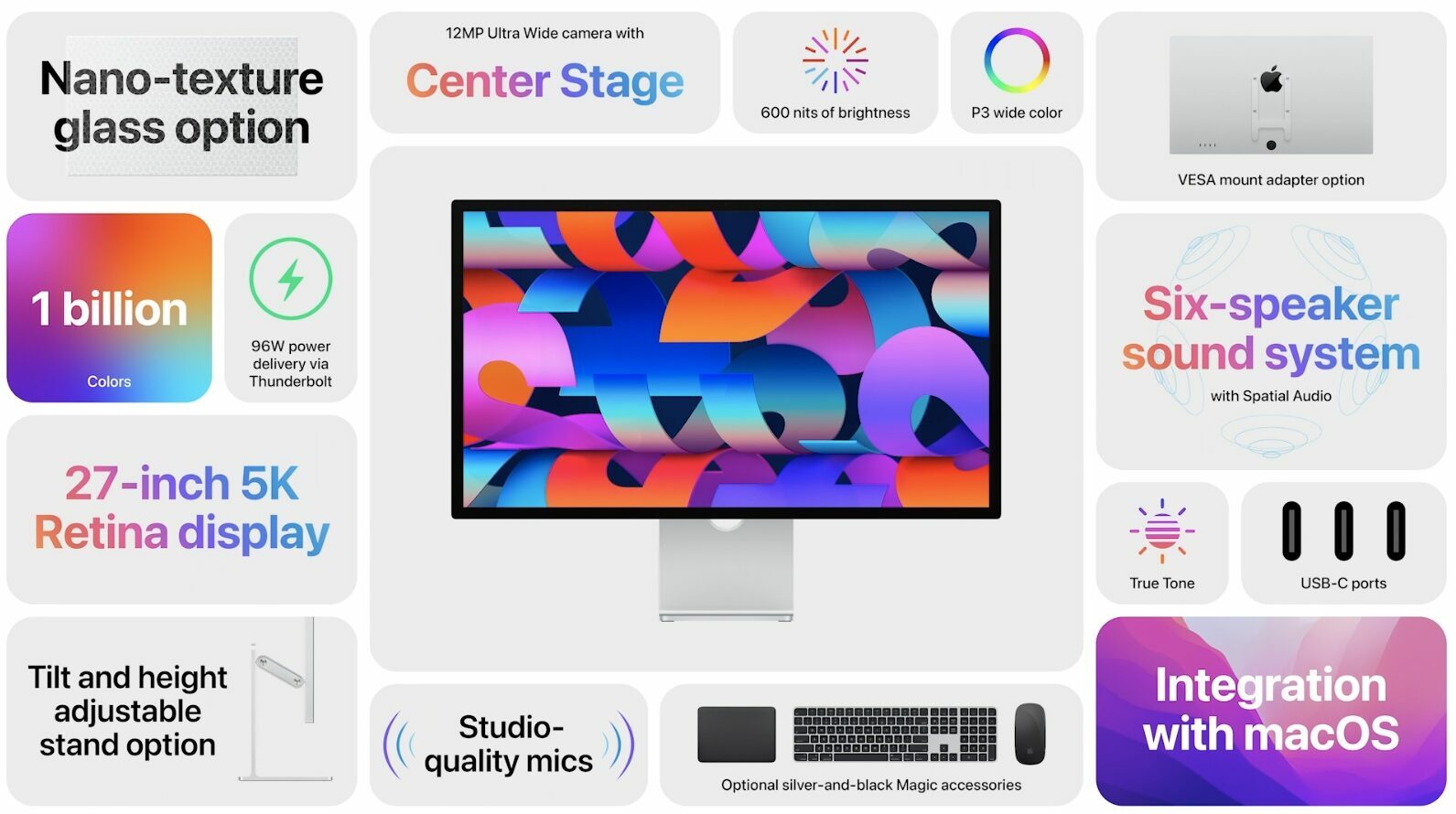 Image marketing présentant les principales caractéristiques du moniteur Studio Display d'Apple
