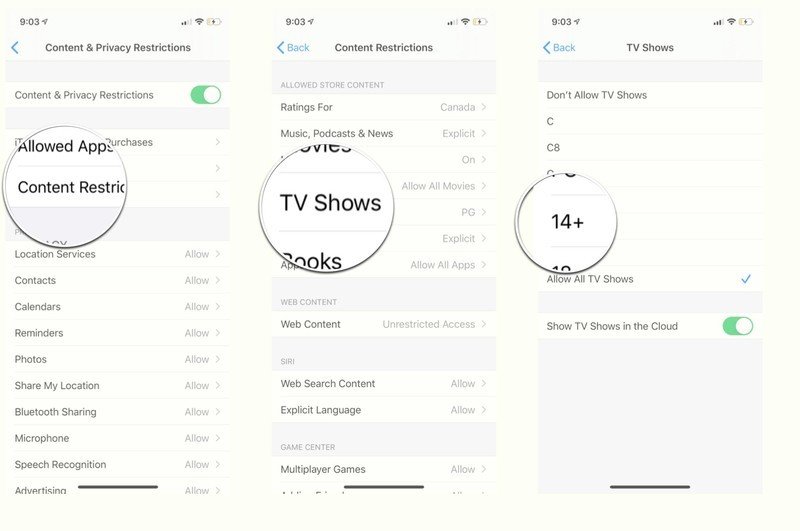 Tap content restrictions, tap TV shows, and then tap the highest rating you want to be accessible.
