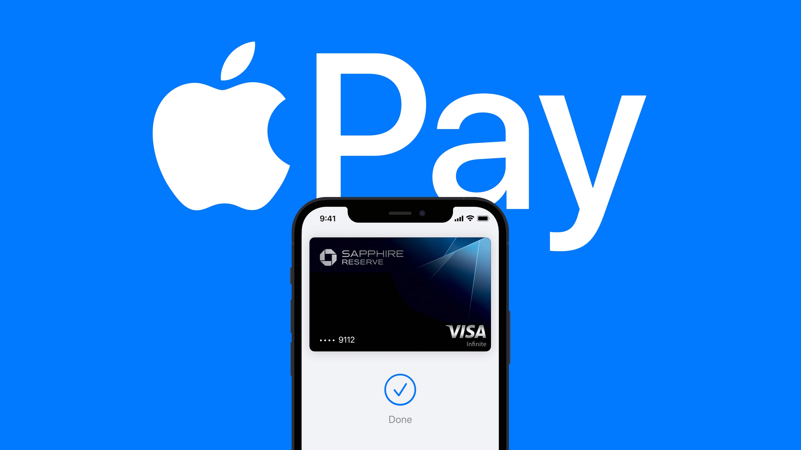 Composition montrant Apple Pay sur un iPhone sur fond bleu uni avec "Payer Apple" imprimé en lettres blanches