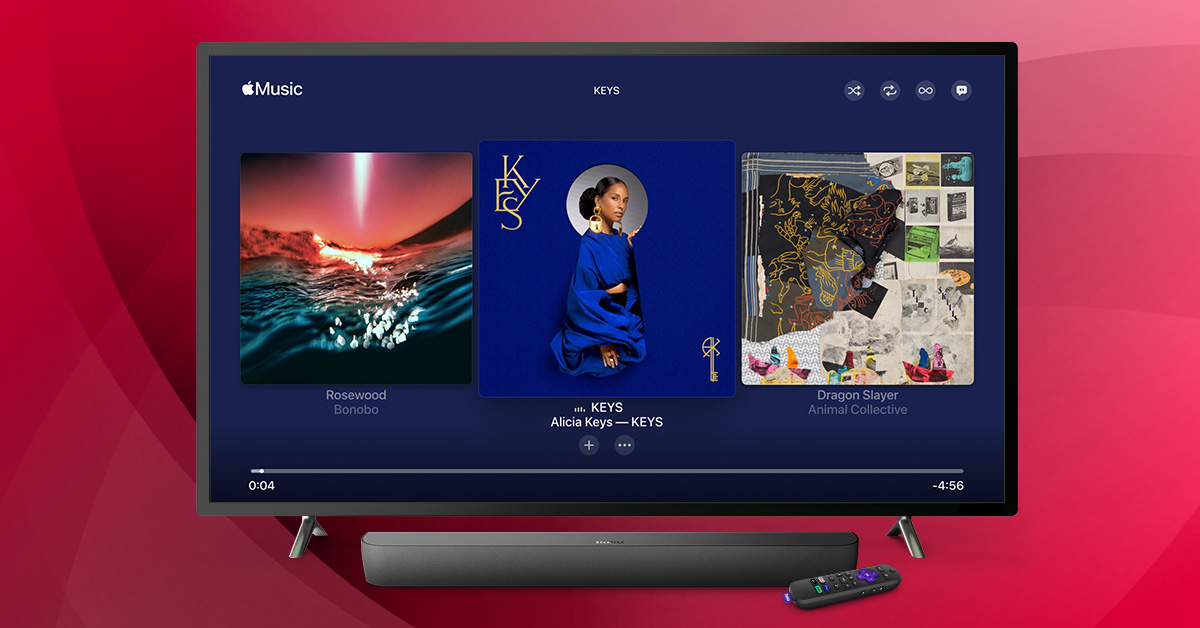 Image marketing présentant le service de musique Apple TV fonctionnant sur la plate-forme Roku
