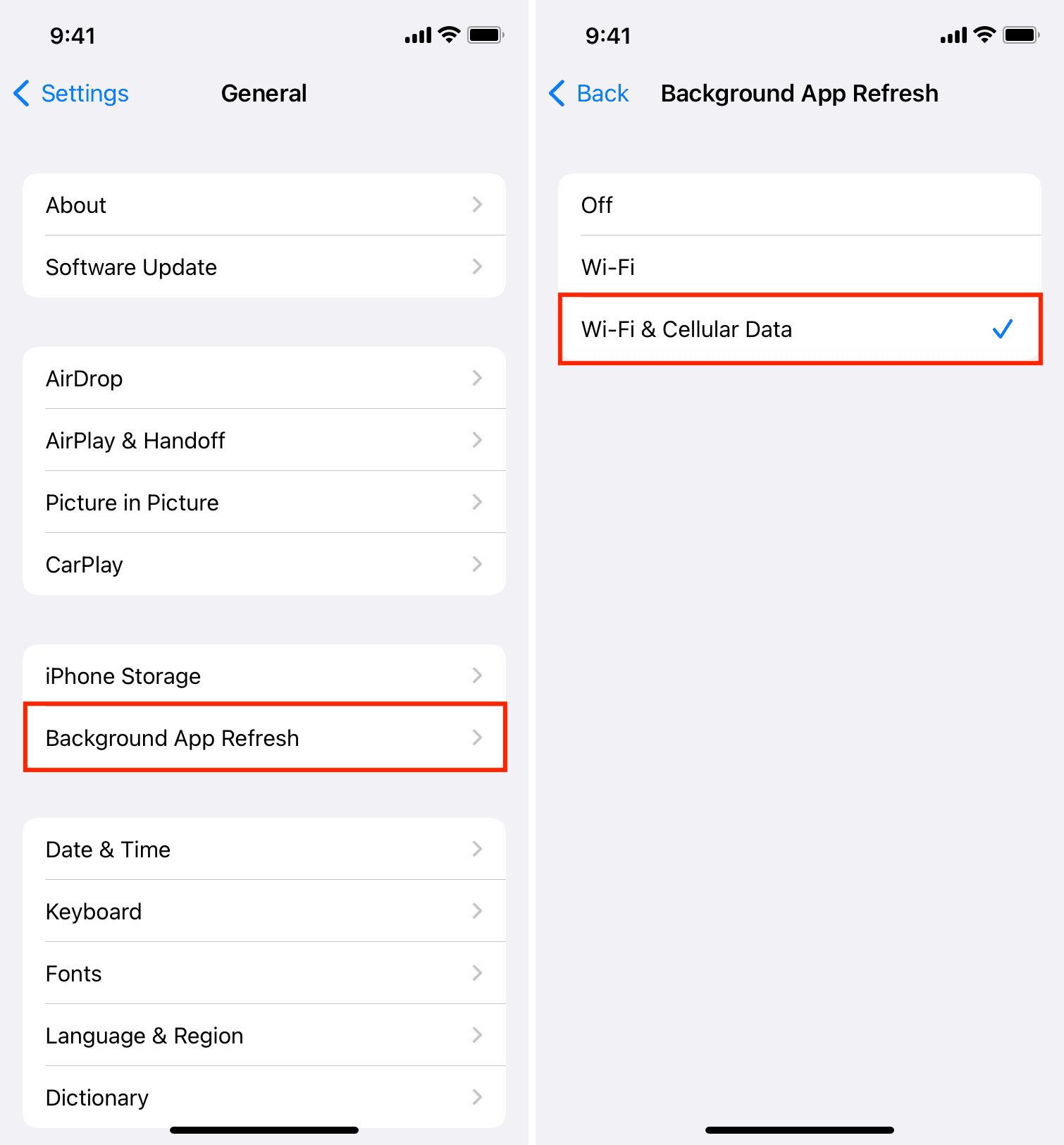 Activez l'actualisation de l'application en arrière-plan pour le Wi-Fi et le cellulaire pour vous assurer que les widgets s'actualisent et se mettent à jour correctement sur l'iPhone