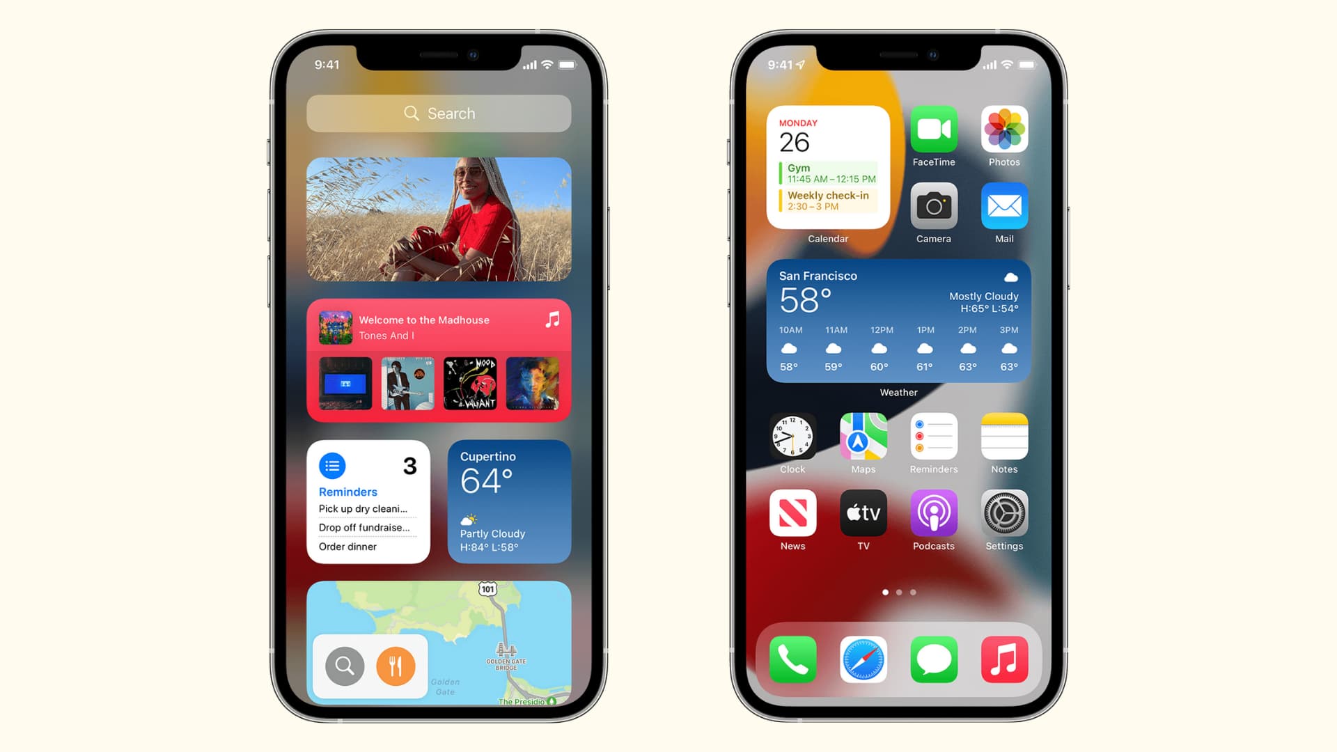 Deux images iPhone montrant des widgets iOS sur l'écran d'accueil et la vue Aujourd'hui