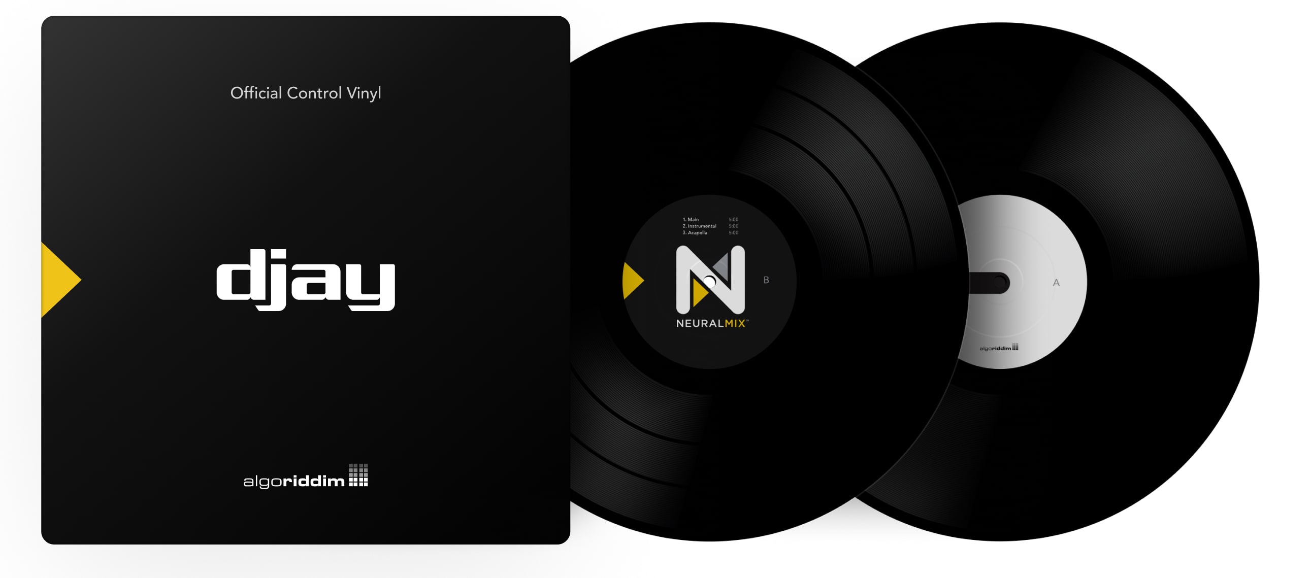 Image promotionnelle présentant le nouveau format Neural Mix Vinyl dans djay Pro d'Algoriddim pour iPhone, iPad et Mac
