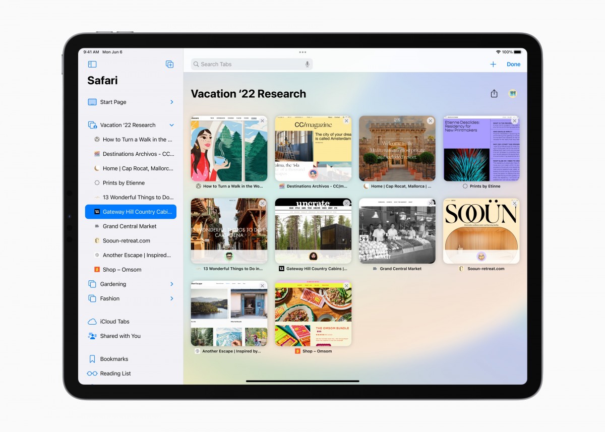 Groupes d'onglets partagés Safari dans iPadOS 16
