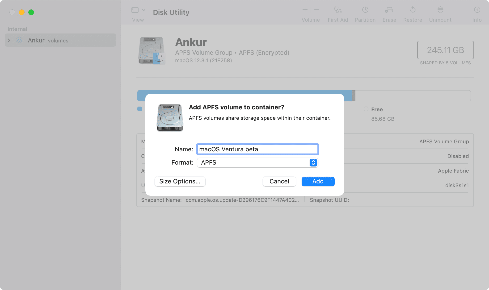 Ajouter un volume APFS au conteneur à l'aide de l'utilitaire de disque sur Mac