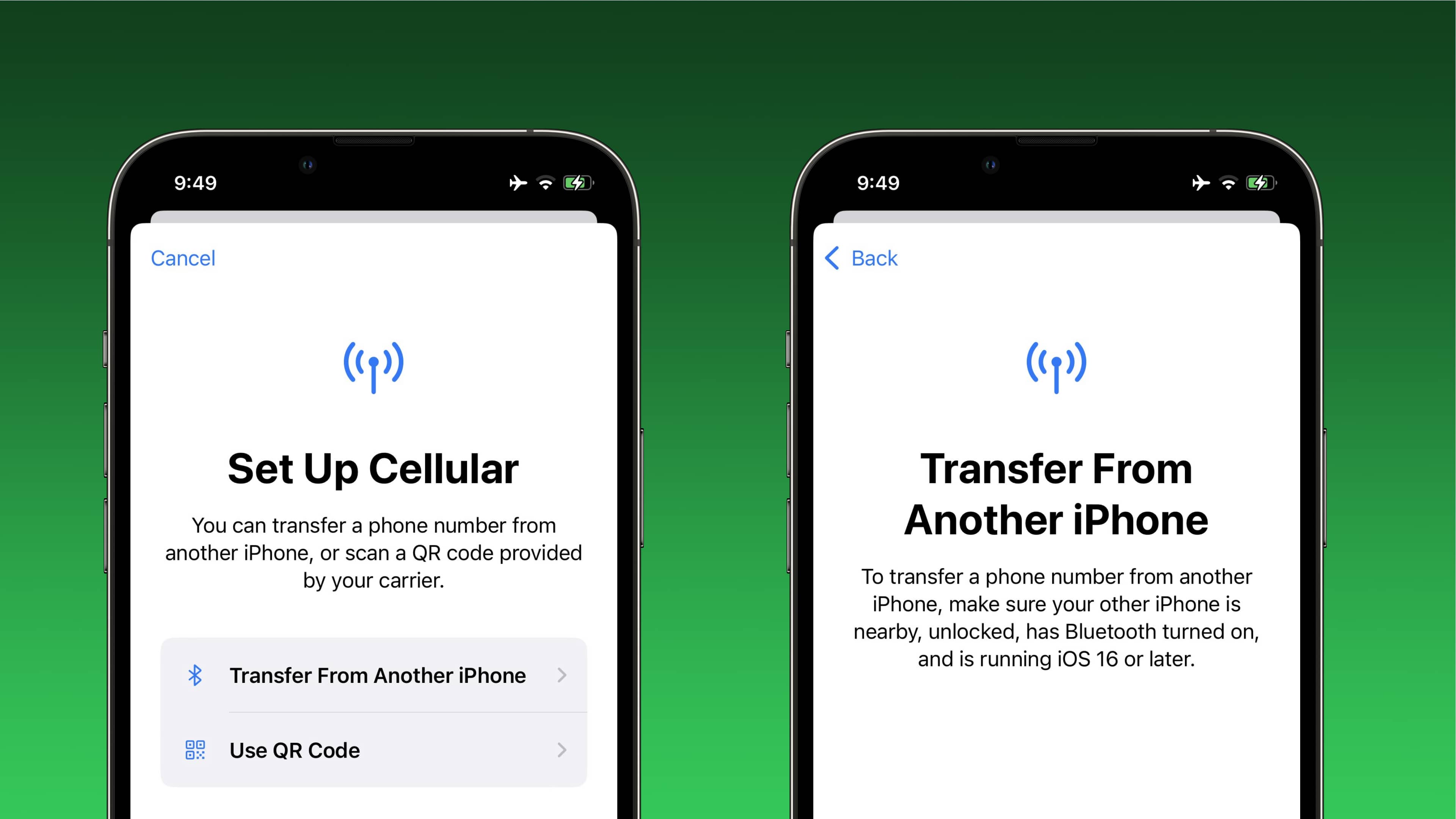 Deux captures d'écran d'appareil montrant le transfert d'une eSIM d'un iPhone à un autre via Bluetooth, qui est l'une des nouvelles fonctionnalités du logiciel iOS 16 d'Apple