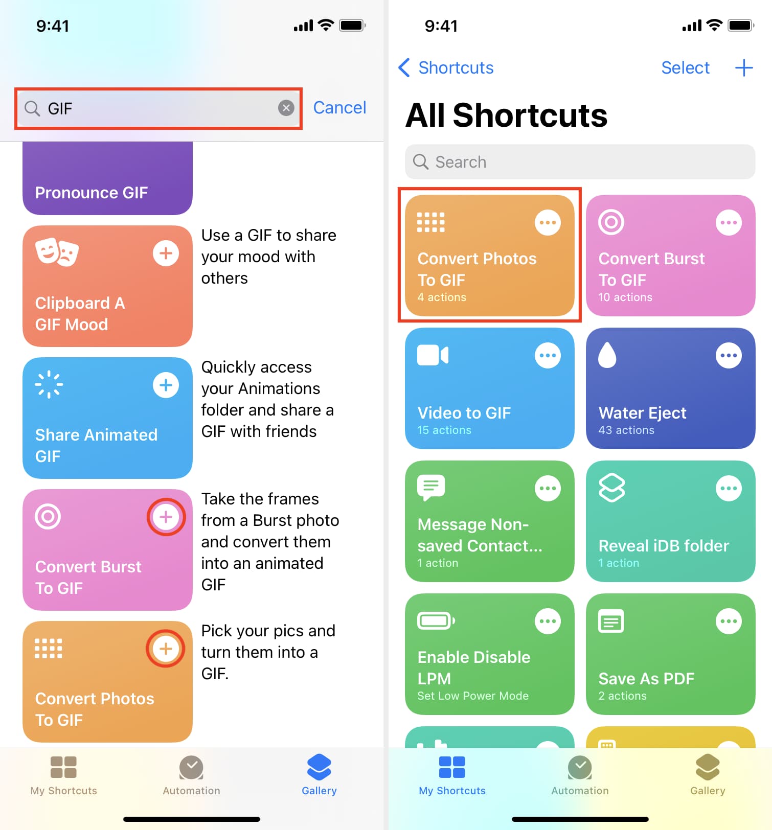 Raccourcis GIF dans l'application iPhone Shortcuts