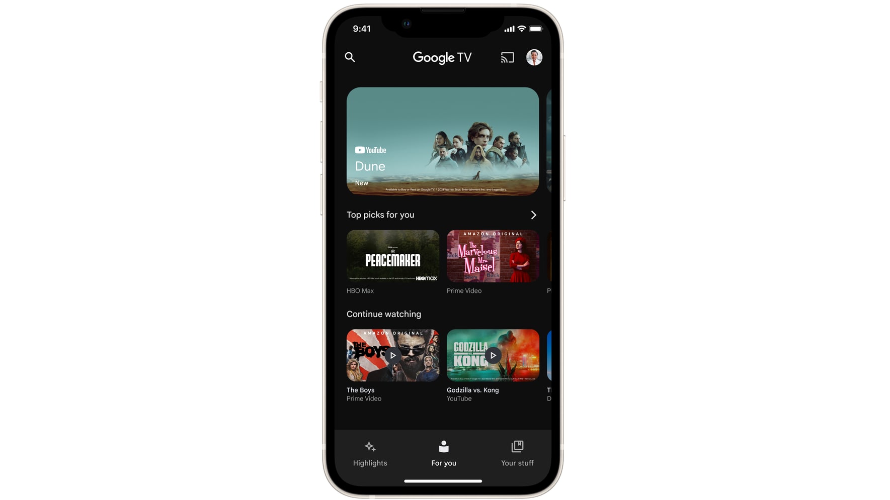 Dans cette image en vedette, l'application Google TV est montrée en cours d'exécution sur un iPhone.  Il remplace le précédent "Émissions de télévision et films Google" application