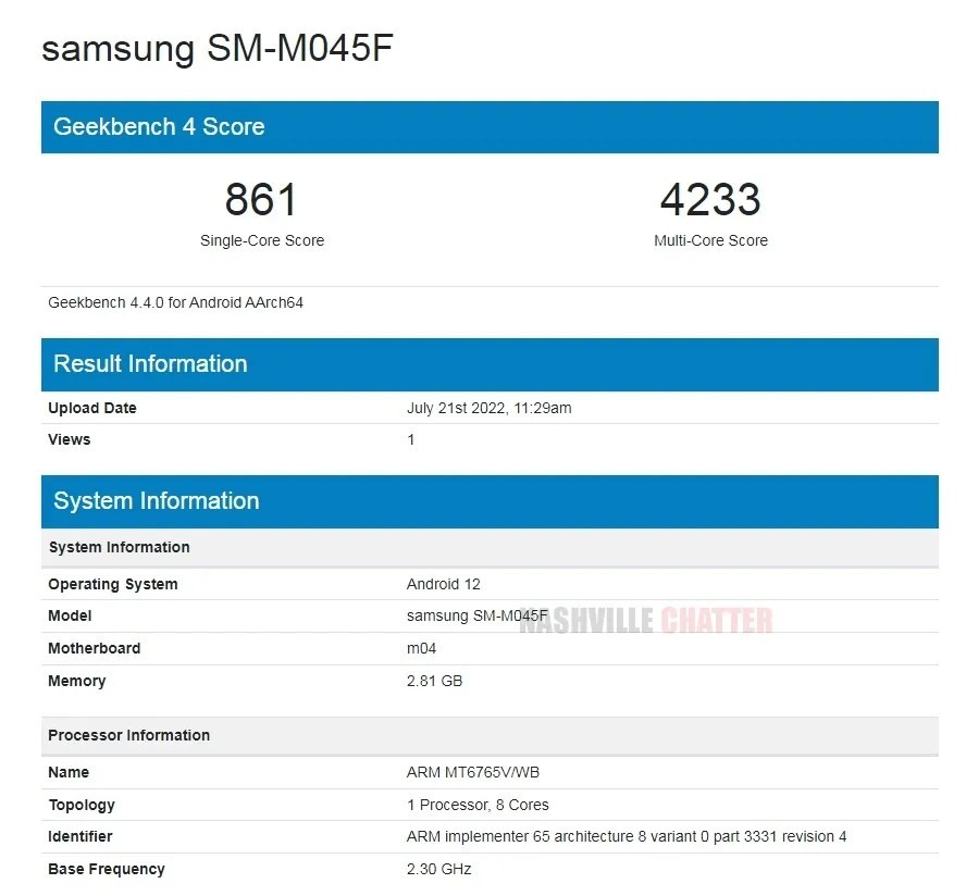 Samsung Galaxy M04 (SM-M045F) résultat de Geekbench