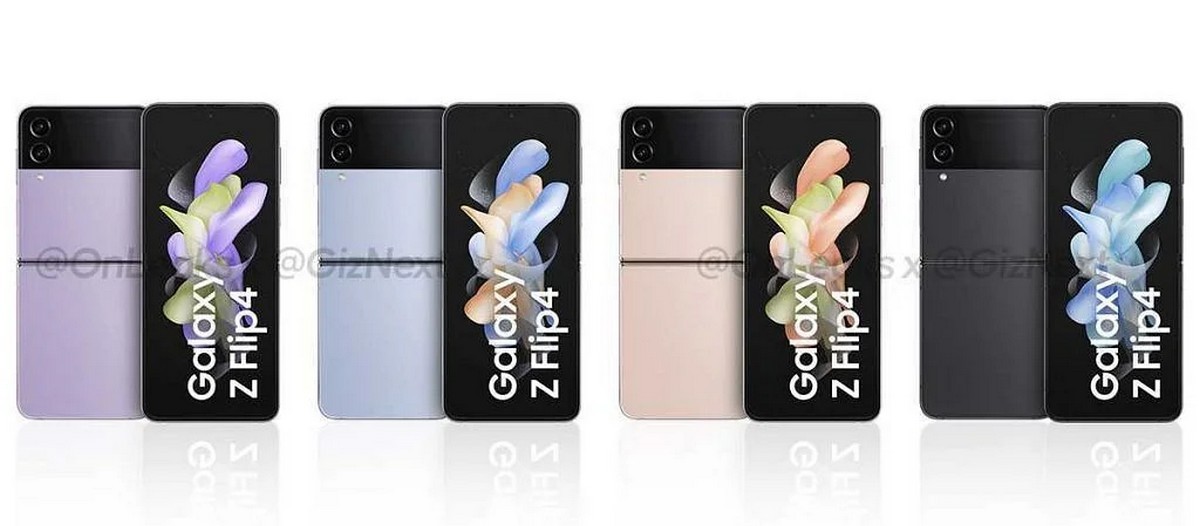 Le nouveau Samsung Galaxy Z Flip4 au look officiel rend la surface montrant toutes les couleurs