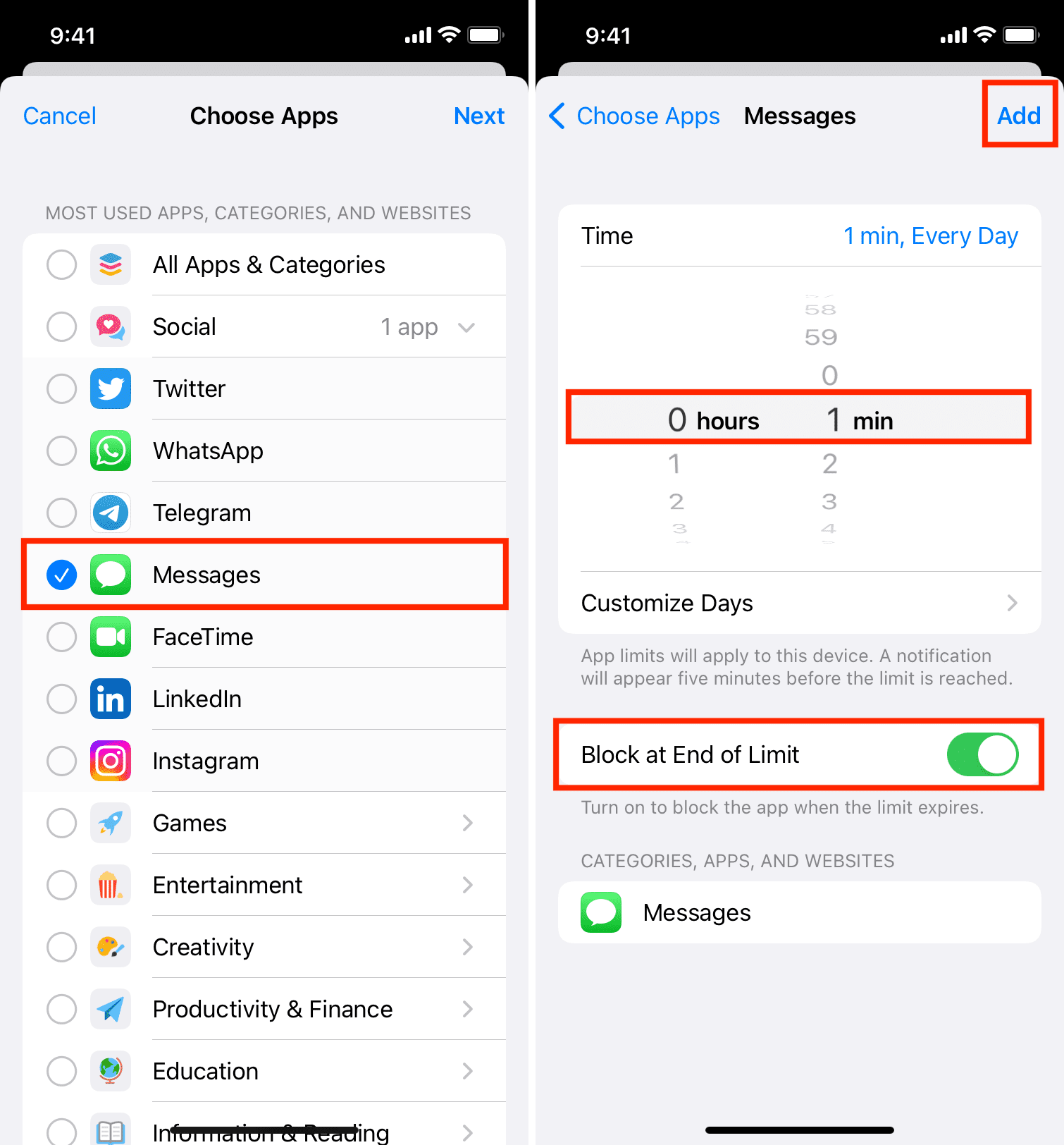 Ajouter une limite d'une minute pour l'application Messages sur iPhone