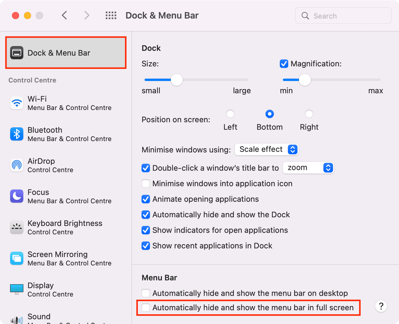 Masquer et afficher automatiquement la barre de menus en plein écran sur Mac