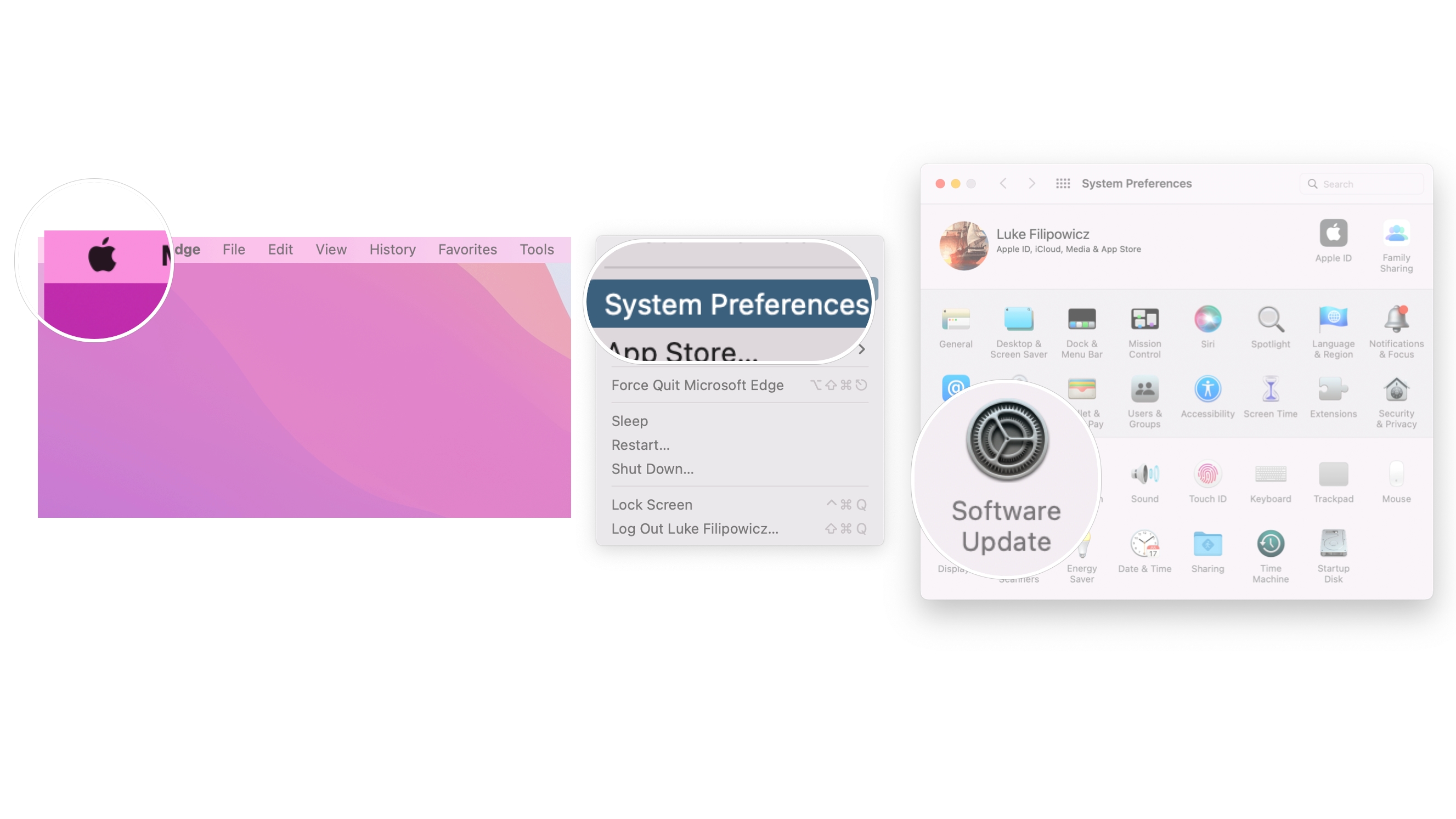 Vérifier les mises à jour logicielles sur Mac : Cliquez sur le logo Apple dans le coin gauche de la barre de menus, cliquez sur Préférences système, puis cliquez sur Mise à jour logicielle.