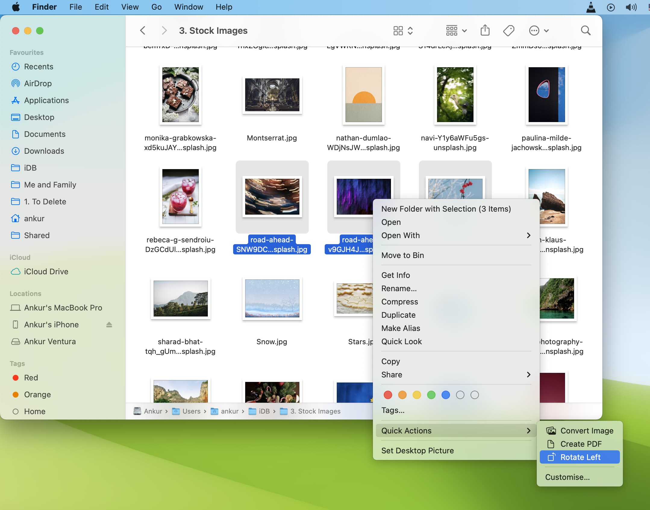 Étapes sur une capture d'écran montrant comment faire pivoter plusieurs images à la fois à l'aide d'Actions rapides sur Mac