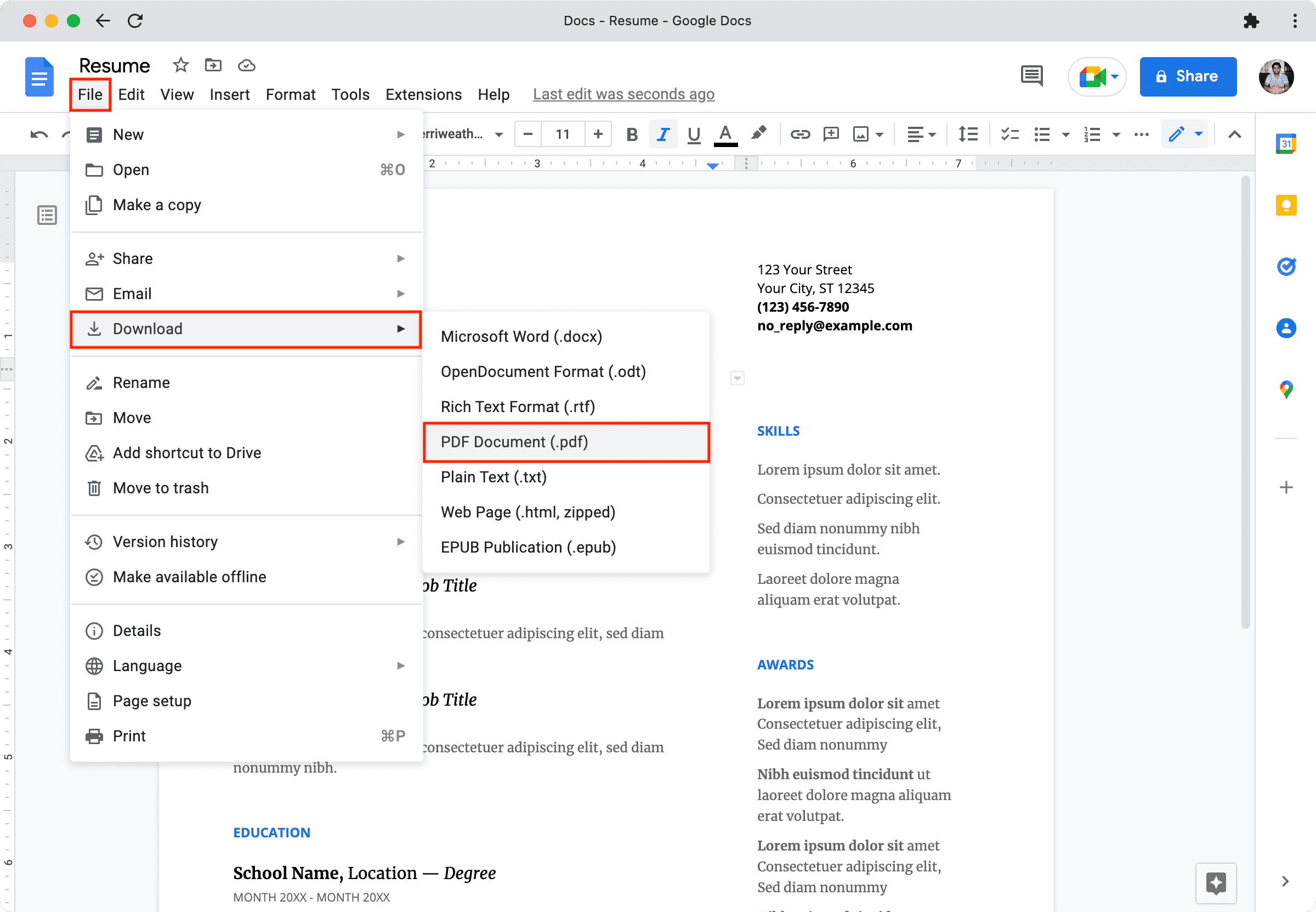 Capture d'écran avec des reflets rouges montrant comment enregistrer Google Docs au format PDF sur un ordinateur