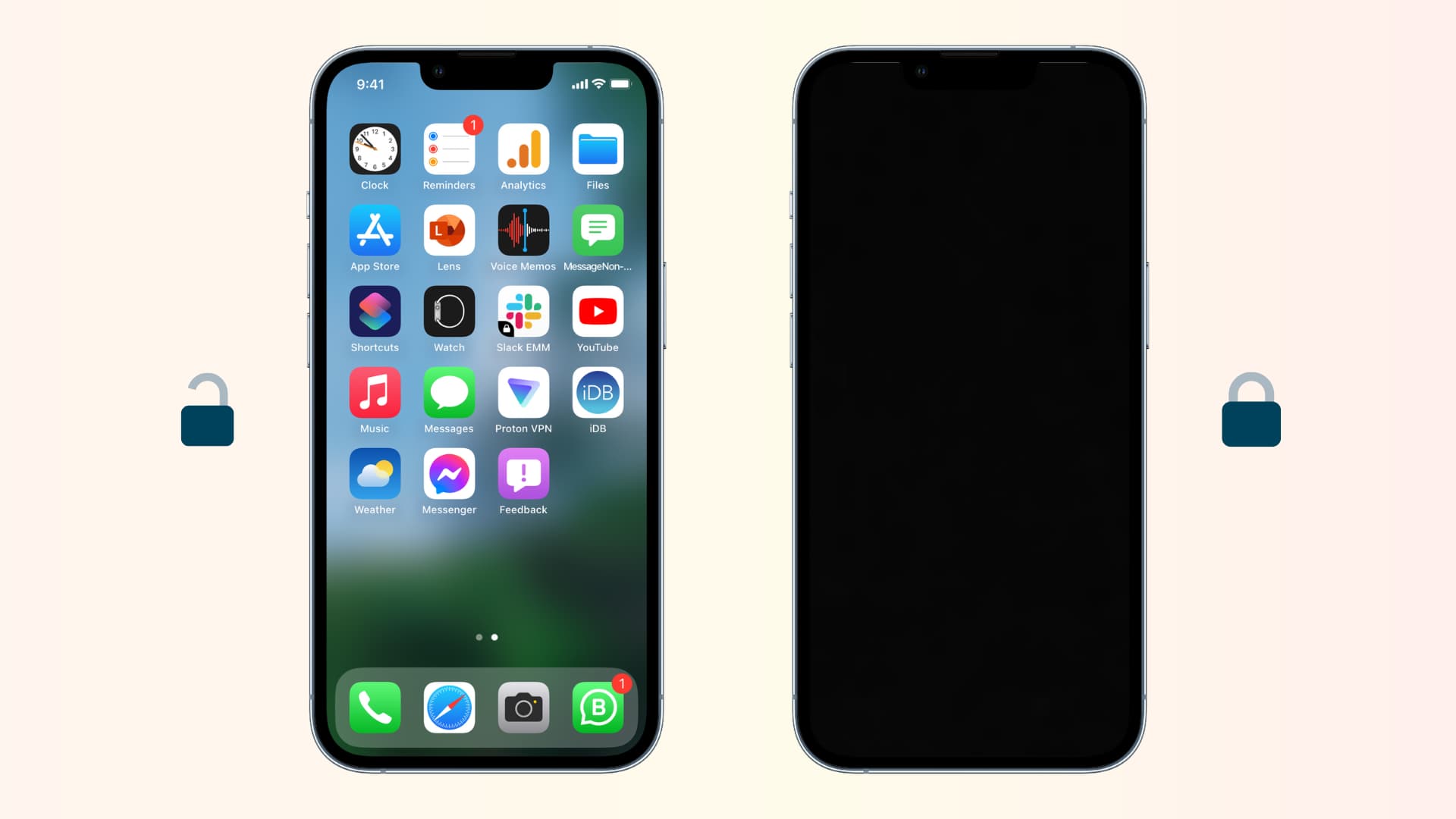 iPhone déverrouillé sur l'écran d'accueil et un iPhone verrouillé affichant l'écran noir