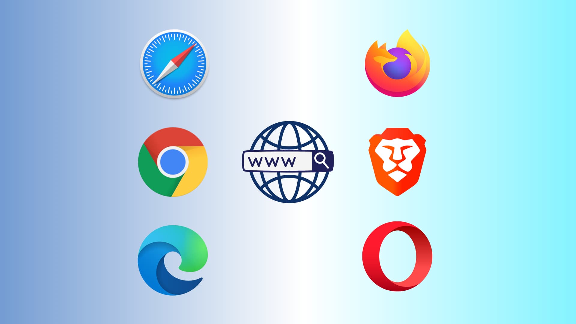 Icônes des navigateurs Safari, Chrome, Edge, Firefox, Brave et Opera sur fond bleu clair