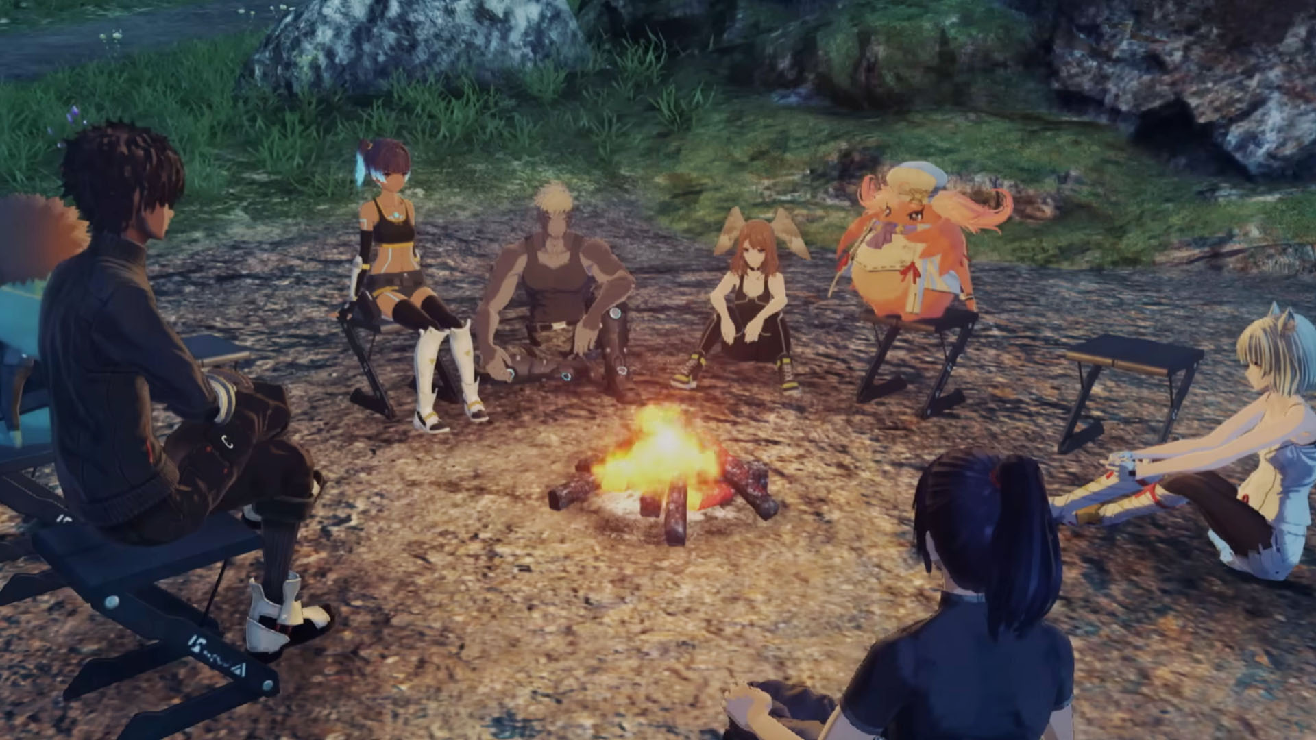 Xenoblade Chronicles 3 personnages de repos assis autour d'un feu.