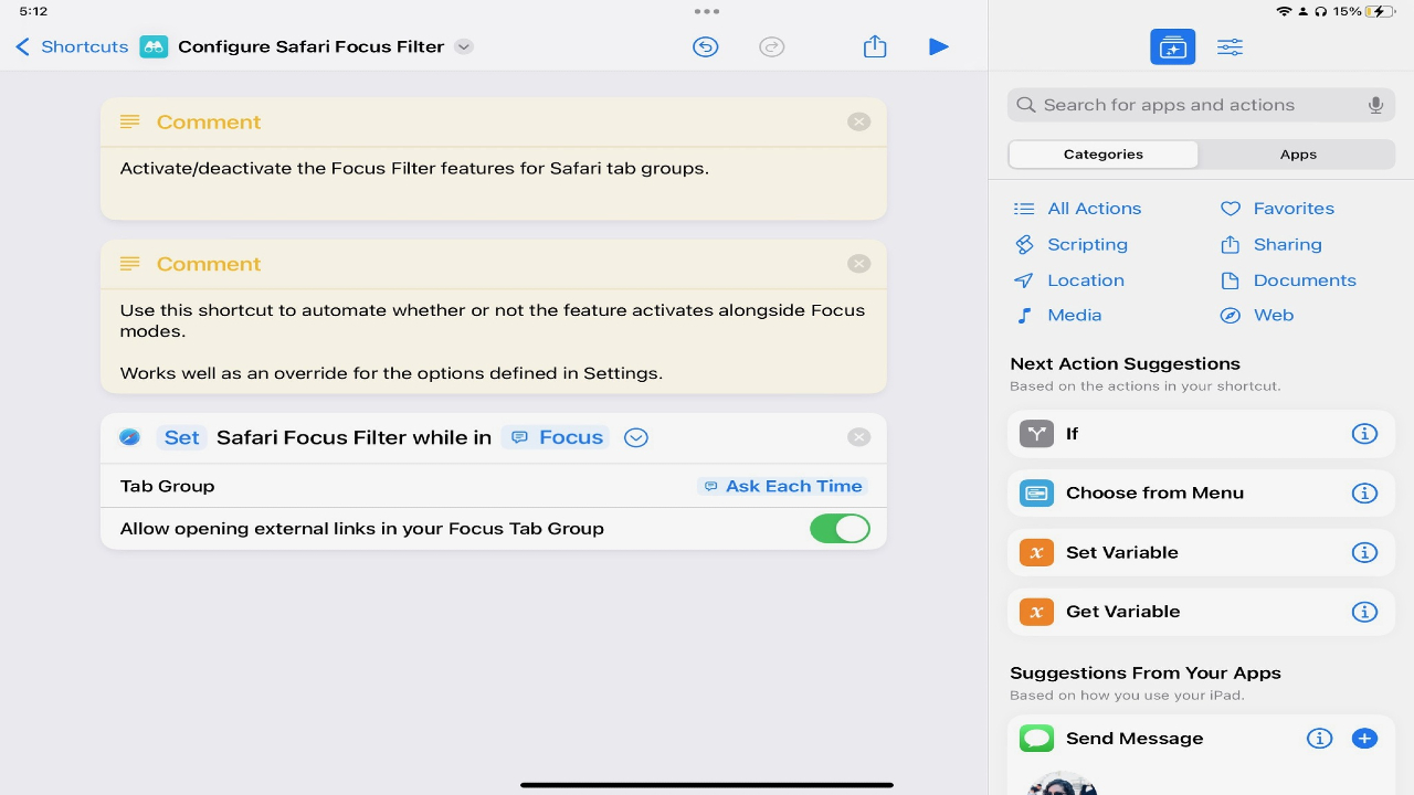 Capture d'écran du raccourci Set Safari Focus Filter.
